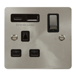 Scolmore Click Define Flat plate FPBS585BK 13A 1 Gang Switched Socket Outlet With Type A & C USB (4A) Outlets Brushed Steel Black Insert