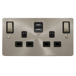 Scolmore Click Define Flat plate FPBS586BK 13A 2 Gang Switched Socket Outlet With Type A & C USB (4.2A) Outlets Brushed Steel Black Insert