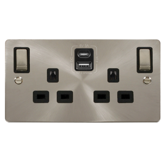 Scolmore Click Define Flat plate FPBS586BK 13A 2 Gang Switched Socket Outlet With Type A & C USB (4.2A) Outlets Brushed Steel Black Insert