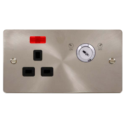 Scolmore Click Define Flat plate FPBS655BK 13A 13A 1 Gang DP Key Lockable Switched Socket With Neon (Double Plate) Brushed Steel Black Insert