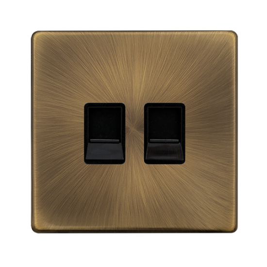 Scolmore Click Definity Complete SFAB126BK Twin Telephone Secondary Outlet Antique Brass Black Insert Screwless