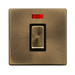Scolmore Click Definity Complete SFAB501BK 50 Amp Ingot 1 Gang Double Pole Switch With Neon Antique Brass Screwless Black Insert 