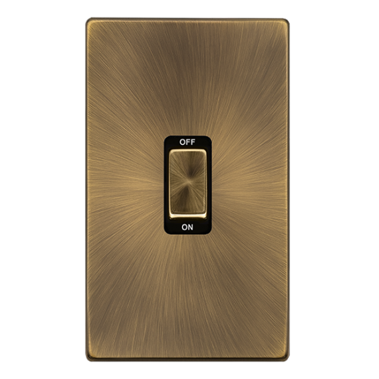 Scolmore Click Definity Complete SFAB502BK 50 Amp Ingot 2 Gang Double Pole Switch Antique Brass Screwless Black Insert