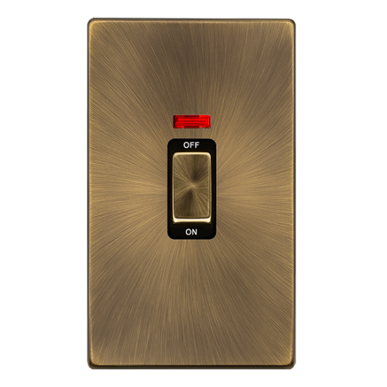Scolmore Click Definity Complete SFAB503BK 50 Amp Ingot 2 Gang Double Pole Switch With Neon Antique Brass Screwless Black inserts