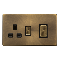 Scolmore Click Definity Complete SFAB504BK 50 Amp Ingot Double Pole Switch With 13 Amp Double Pole Socket Antique Brass Screwless Black Insert 