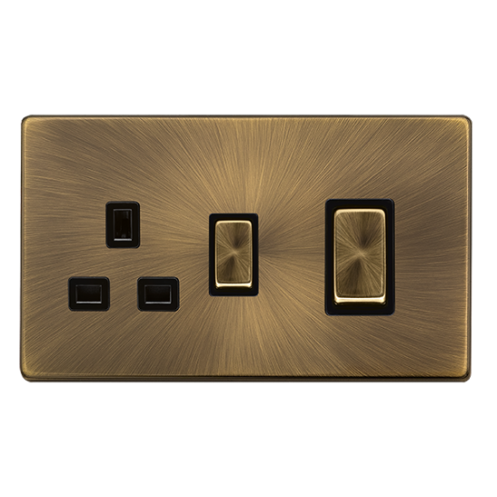 Scolmore Click Definity Complete SFAB504BK 50 Amp Ingot Double Pole Switch With 13 Amp Double Pole Socket Antique Brass Screwless Black Insert