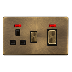 Scolmore Click Definity Complete SFAB505BK 50 Amp Ingot Double Pole Switch With 13 Amp Double Pole Socket Antique Brass Screwless Black insert