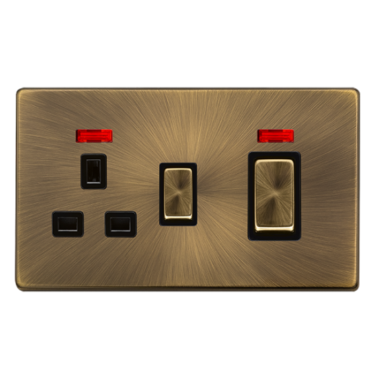 Scolmore Click Definity Complete SFAB505BK 50 Amp Ingot Double Pole Switch With 13 Amp Double Pole Socket Antique Brass Screwless Black insert