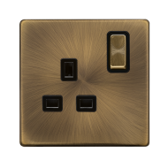 Scolmore Click Definity Complete SFAB535BK 13 Amp Ingot 1 Gang Double Pole Switched Socket Antique Brass Screwless Black Insert