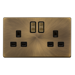 Scolmore Click Definity Complete SFAB536BK 13 Amp Ingot 2 Gang Double Switched Socket Antique Brass Screwless Black Insert