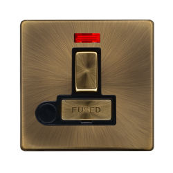 Scolmore Click Definity Complete SFAB552BK 13 Amp Ingot Switched Fused Connection Unit With Neon Antique Brass Screwless Black Insert
