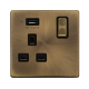 Scolmore Click Definity Complete SFAB571UBK 13 Amp Ingot 1 Gang Switched Socket With 2.1 Amp USB Outlet Antique Brass Screwless Black insert