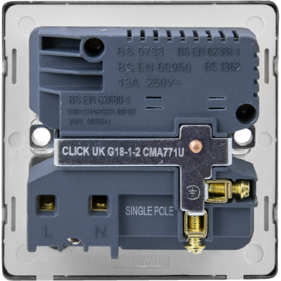 Scolmore Click Definity Complete SFAB571UBK 13 Amp Ingot 1 Gang Switched Socket With 2.1 Amp USB Outlet Antique Brass Screwless Black insert