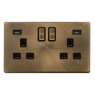 Scolmore Click Definity Complete SFAB580BK 13 Amp Ingot 2 Gang Switched Socket With 2.1A USB Outlet Antique Brass Screwless Black Inserts