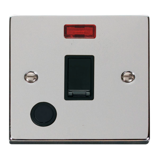 Scolmore Click Deco VPCH023BK 20A DP Plate Switch With Neon & Optional Flex Outlet Polished Chrome Black Inserts