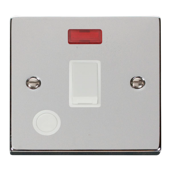 Scolmore Click Deco VPCH023WH 20Amp DP Plate Switch With Neon & Optional Flex Outlet Polished Chrome White Inserts