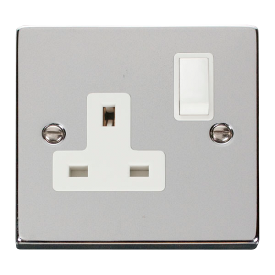 Scolmore Click Deco VPCH035WH 13A 1 Gang DP Switched Socket Outlet Polished Chrome White Inserts