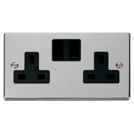 Scolmore Click Deco VPCH036BK 13Amp 2 Gang DP Switched Socket Outlet Polished Chrome Black Inserts