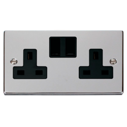 Scolmore Click Deco VPCH036BK 13Amp 2 Gang DP Switched Socket Outlet Polished Chrome Black Inserts