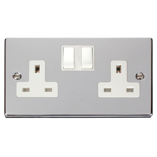 Scolmore Click Deco VPCH036WH 13A 2 Gang DP Switched Socket Outlet Polished Chrome White Inserts