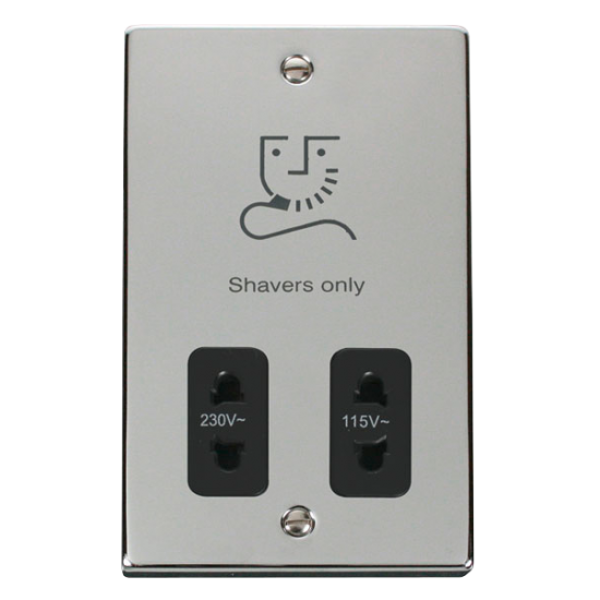 Scolmore Click Deco VPCH0100BK 115V/230V Dual Voltage Shaver Socket Outlet Polished Chrome Black Inserts