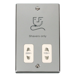 Scolmore Click Deco VPCH100WH 115V/230V Dual Voltage Shaver Socket Outlet Polished Chrome White Inserts