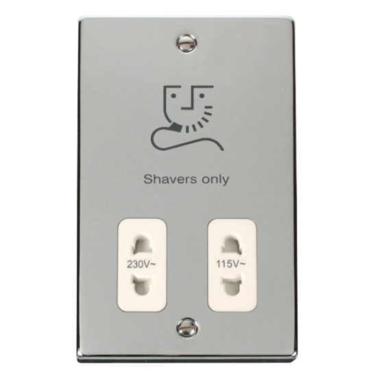 Scolmore Click Deco VPCH100WH 115V/230V Dual Voltage Shaver Socket Outlet Polished Chrome White Inserts