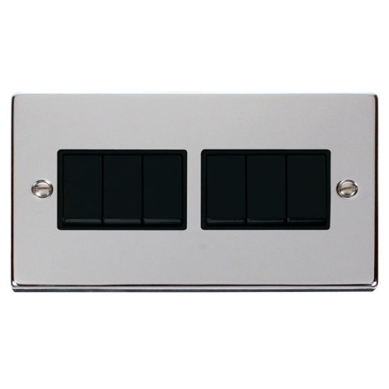 Scolmore Click Deco VPCH105BK 10Amp 6 Gang 2 Way Plate Switch Polished Chrome Black Inserts