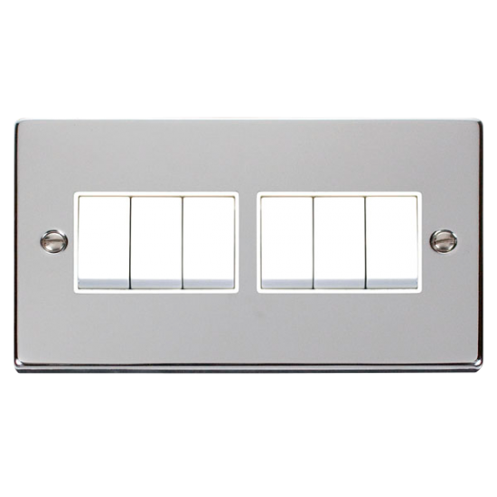 Scolmore Click Deco VPCH105WH 10Amp 6 Gang 2 Way Plate SwitchPolished Chrome White Inserts