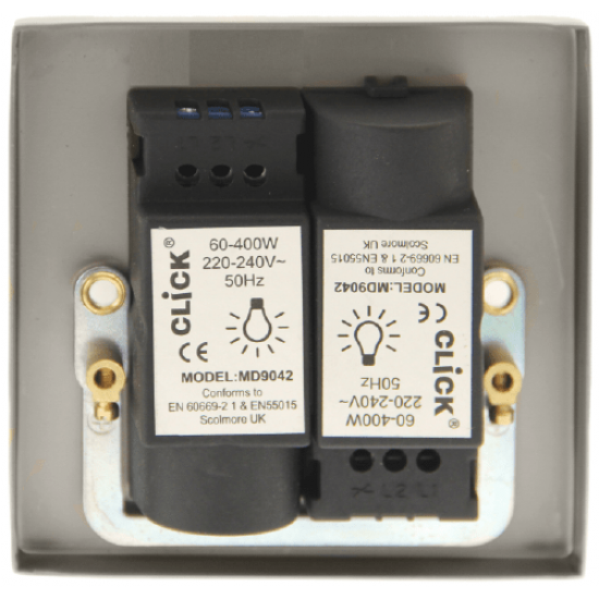 Scolmore Click Deco VPCH152 2 Gang 2W 400Va Dimmer Switch Polished Chrome Black Inserts