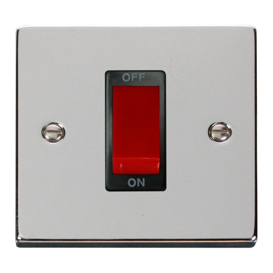 Scolmore Click Deco VPCH200BK 45Amp 1 Gang DP Plate Switch Polished Chrome Black Inserts