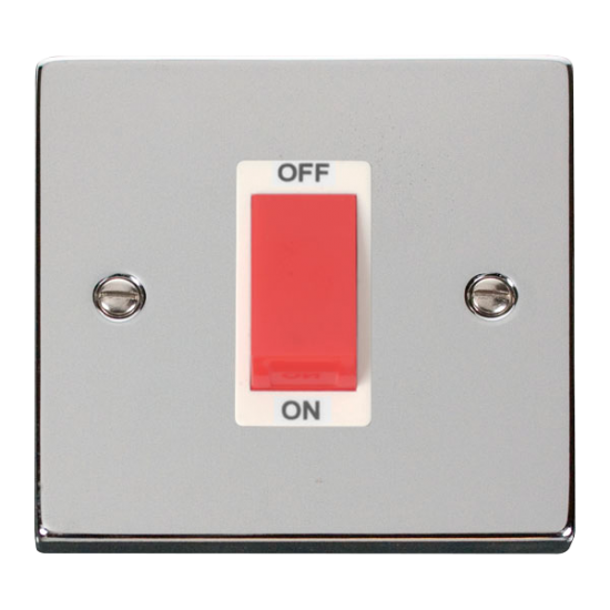 Scolmore Click Deco VPCH200WH 45A 1 Gang DP Plate Switch Polished Chrome White Inserts