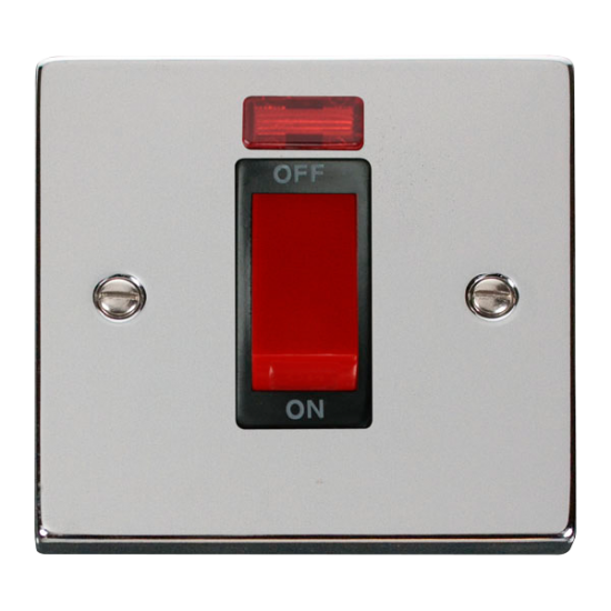 Scolmore Click Deco VPCH201BK 45Amp 1 Gang DP Plate Switch With Neon Polished Chrome Black Inserts