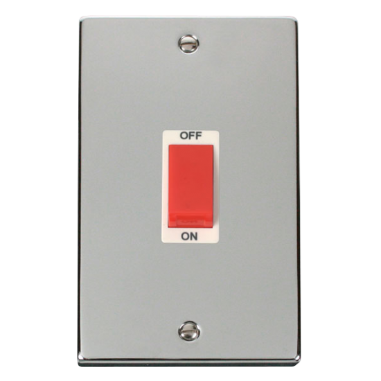 Scolmore Click Deco VPCH202WH 45A 2 Gang (Vertical) DP Plate Switch Polished Chrome White Inserts