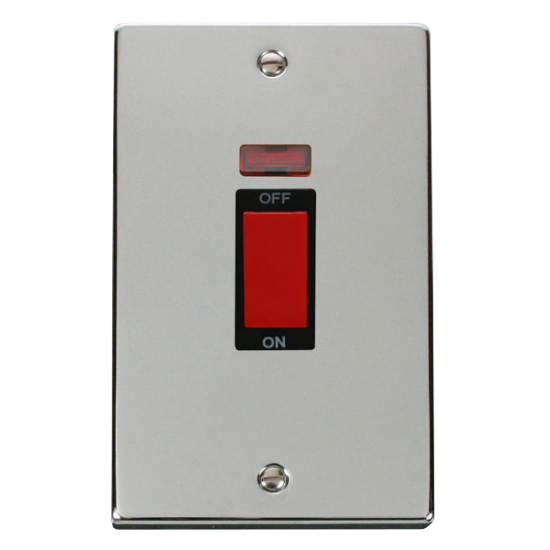Scolmore Click Deco VPCH203BK 45Amp 2 Gang (Vertical) DP Plate Switch With Neon Polished Chrome Black Inserts