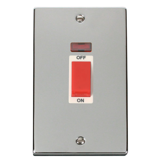 Scolmore Click Deco VPCH203WH 45A 2 Gang (Vertical) DP Plate Switch With Neon Polished Chrome White Inserts