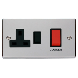 Scolmore Click Deco VPCH204BK 45Amp 2 Gang DP Switch With 13A DP Switched Socket Outlet Polished Chrome Black Inserts