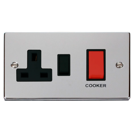 Scolmore Click Deco VPCH204BK 45Amp 2 Gang DP Switch With 13A DP Switched Socket Outlet Polished Chrome Black Inserts