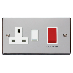 Scolmore Click Deco VPCH204WH 45A 2 Gang DP Switch With 13A DP Switched Socket Outlet Polished Chrome White Inserts