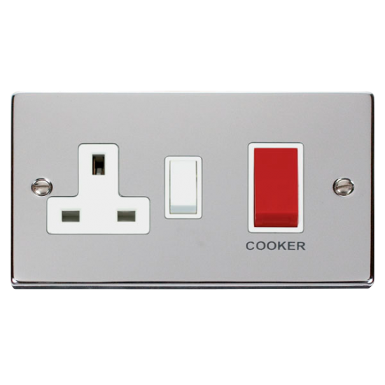 Scolmore Click Deco VPCH204WH 45A 2 Gang DP Switch With 13A DP Switched Socket Outlet Polished Chrome White Inserts