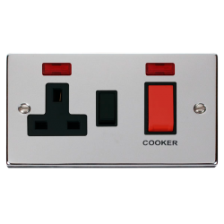 Scolmore Click Deco VPCH205BK 45Amp 2 Gang DP Switch With 13A DP Switched Socket Outlet & Neon's Polished Chrome Black Inserts