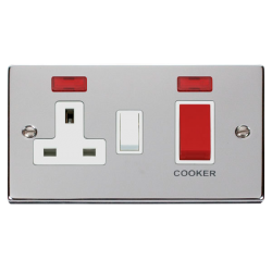 Scolmore Click Deco VPCH205WH 45A 2 Gang DP Switch With 13A DP Switched Socket Outlet & Neon's Switch Polished Chrome White Inserts