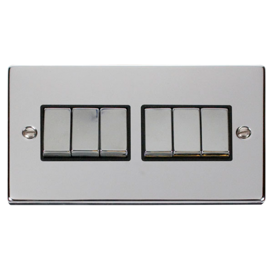 Scolmore Click Deco VPCH16BK 10Amp 6 Gang 2 Way Plate Switch Polished Chrome Black Inserts