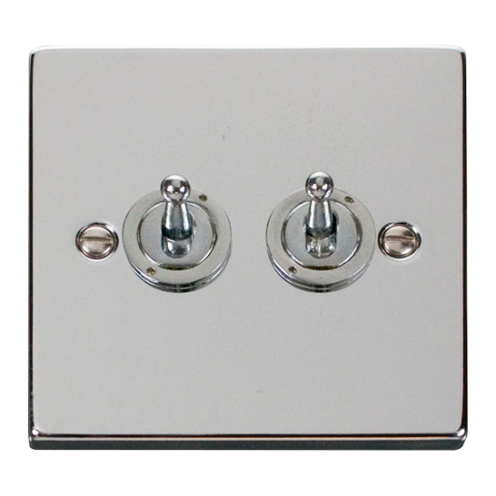 Scolmore Click Deco VPCH422 10AX 2 Gang 2 Way Toggle Plate Switch Polished Chrome Black Inserts