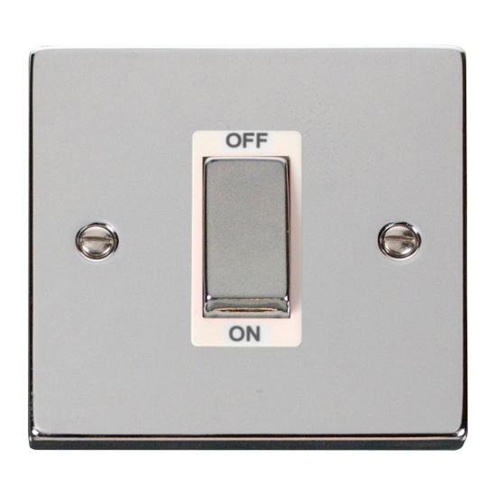 Scolmore Click Deco VPCH500WH 45A 1 Gang DP Plate Switch Polished Chrome White Inserts