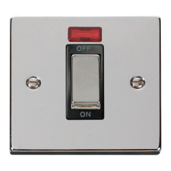 Scolmore Click Deco VPCH501BK 45Amp 1 Gang DP Plate Switch With Neon Polished Chrome Black Inserts