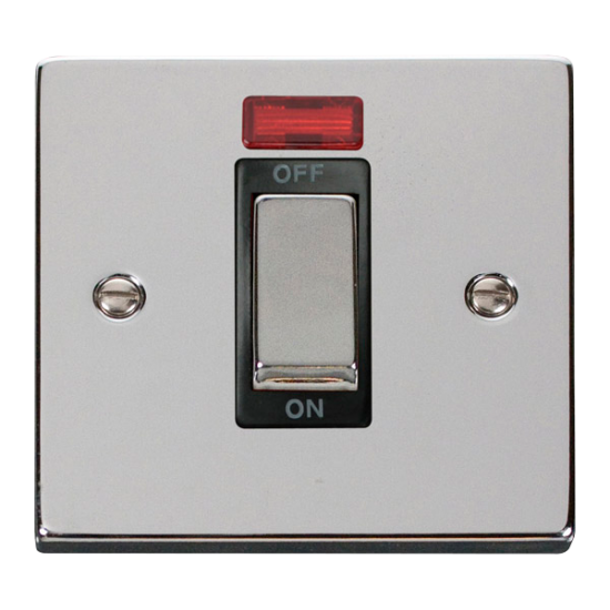 Scolmore Click Deco VPCH501BK 45Amp 1 Gang DP Plate Switch With Neon Polished Chrome Black Inserts
