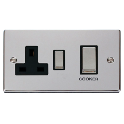 Scolmore Click Deco VPCH504BK 45Amp 2 Gang DP Switch With 13A DP Switched Socket Outlet Polished Chrome Black Inserts