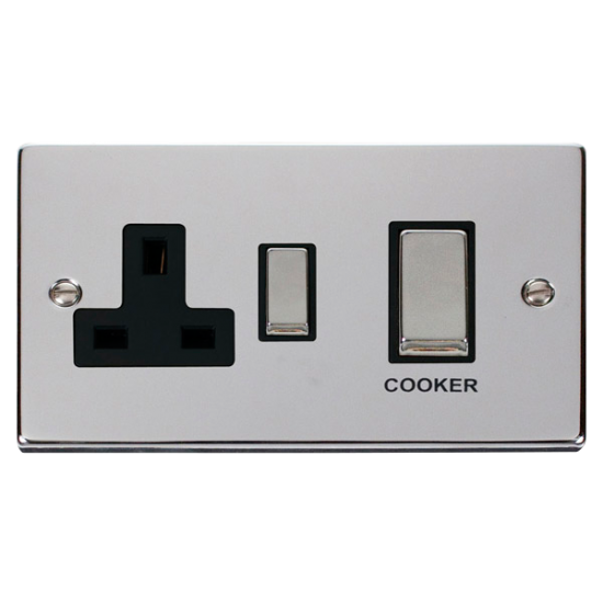 Scolmore Click Deco VPCH504BK 45Amp 2 Gang DP Switch With 13A DP Switched Socket Outlet Polished Chrome Black Inserts