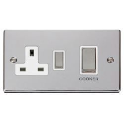 Scolmore Click Deco VPCH504WH 45A 2 Gang DP Switch With 13A DP Switched Socket Outlet Polished Chrome White Inserts